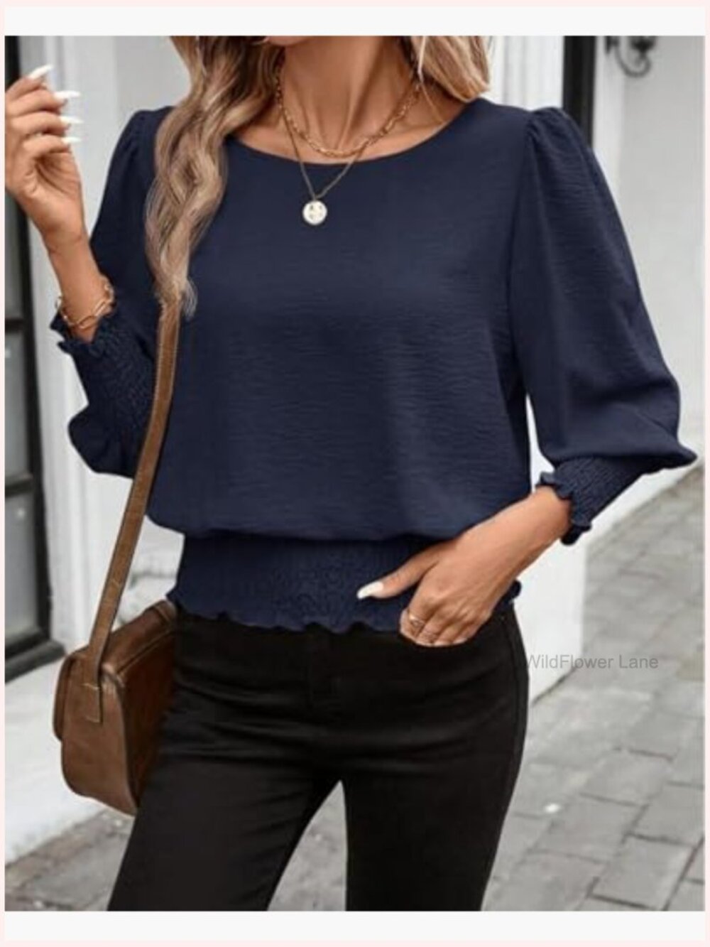 Smocked Elastic Cinched Waist Blouse 3/4 Sleeve Top - Picture 7 of 7